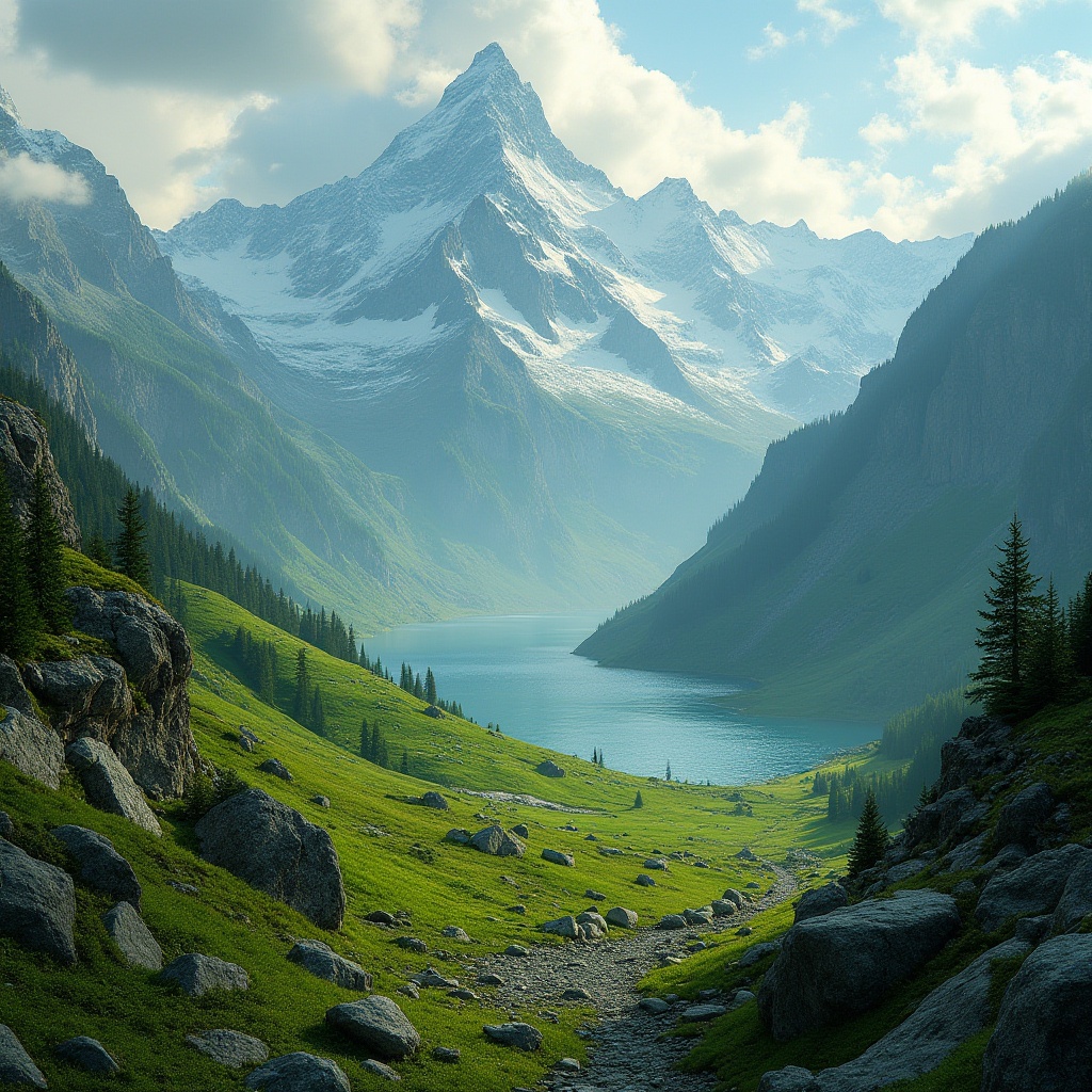 Prompt: Mountainous landscape, vibrant lime green accents, majestic snow-capped peaks, serene lake in the distance, lush greenery, rugged rocks, misty atmosphere, warm sunlight, dramatic composition, 3/4 view, cinematic lighting, breathtaking vista, adventure theme.