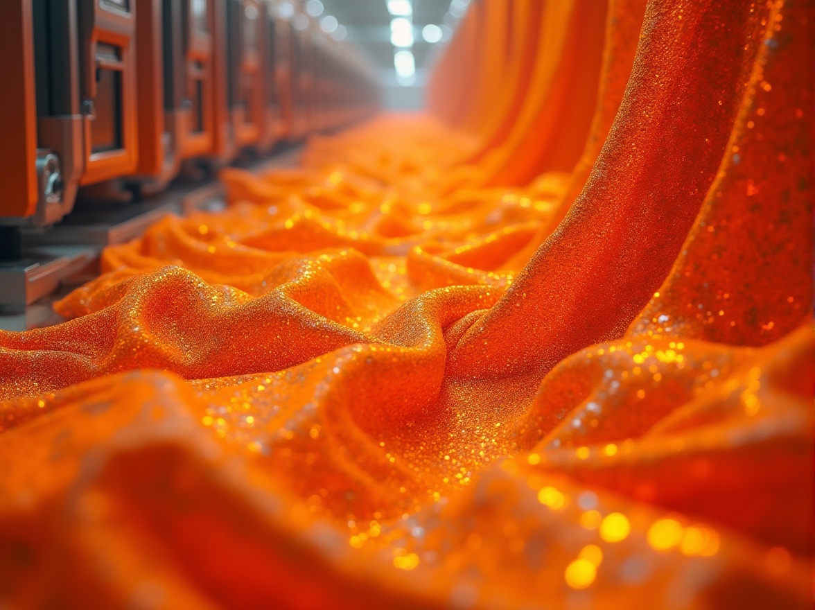 Prompt: Futuristic high-tech fabrics, vibrant orange color, metallic sheen, intricate circuit patterns, neon-lit threads, glossy texture, flowing drapes, futuristic laboratory setting, sleek machines, sci-fi ambiance, low-angle shot, dramatic lighting, bold composition, 3D rendered fabrics, reflective surfaces, holographic effects.