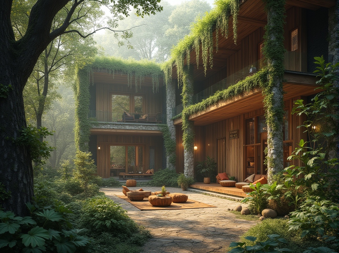 Prompt: Natural, organic, modern architecture, incorporating forest elements, wooden beams, stone walls, green roofs, vines crawling up facades, large windows, natural light pouring in, blending indoor outdoor spaces, trees growing through buildings, rustic, earthy tone, moss covered surfaces, wooden floors, wooden furniture, leaf-inspired decorations, botanical patterns, bringing outdoors inside, harmony with nature, peaceful atmosphere, soft diffused lighting, misty morning, foggy surroundings, forest floor composition.