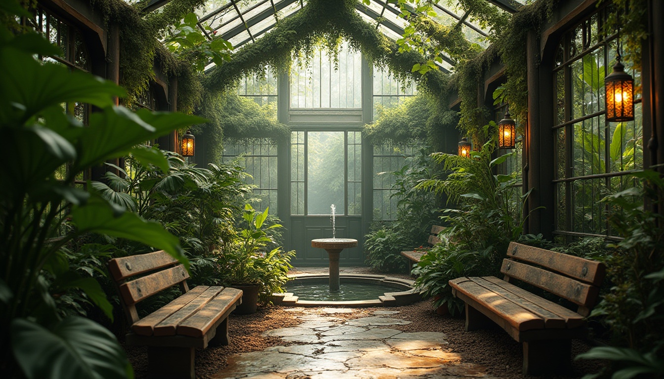 Prompt: Greenhouse, Regionalism style, lush greenery, exotic plants, vines crawling up walls, misty atmosphere, warm soft light, cozy ambiance, rustic wooden benches, vintage metal chairs, natural stone flooring, earthy color palette, lush foliage, tropical flowers, water features, small pond, fountain, serene background, 3/4 composition, shallow depth of field, cinematic lighting, warm color tone, romantic mood.