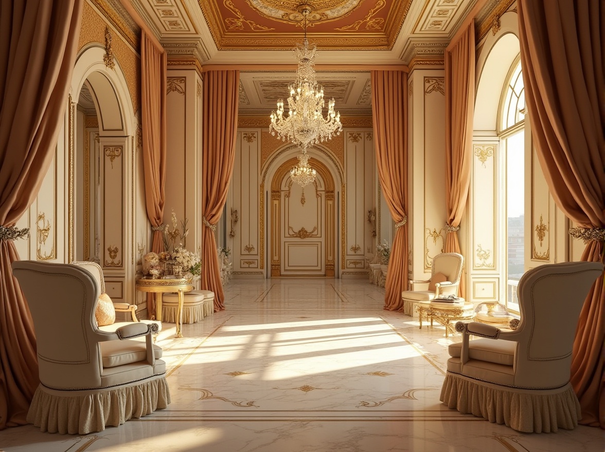 Prompt: Byzantine style interior, cream color walls, golden accents, intricate mosaic patterns, ornate furniture, velvet upholstery, luxurious drapery, heavy curtains, crystal chandelier, marble floor, grand staircase, regal atmosphere, warm lighting, dramatic shadows, 3/4 composition, low-angle shot.