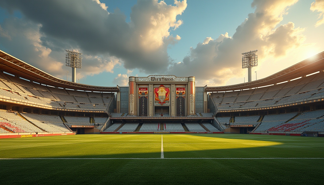 Prompt: Art Deco football stadium, grandiose entrance gates, ornate metalwork, geometric patterns, luxurious VIP lounge, curved lines, metallic materials, bold typography, vintage floodlights, retro-style scoreboard, elegant seating area, lush green grass, sunny day, dramatic clouds, low-angle shot, symmetrical composition, warm golden lighting, cinematic atmosphere.