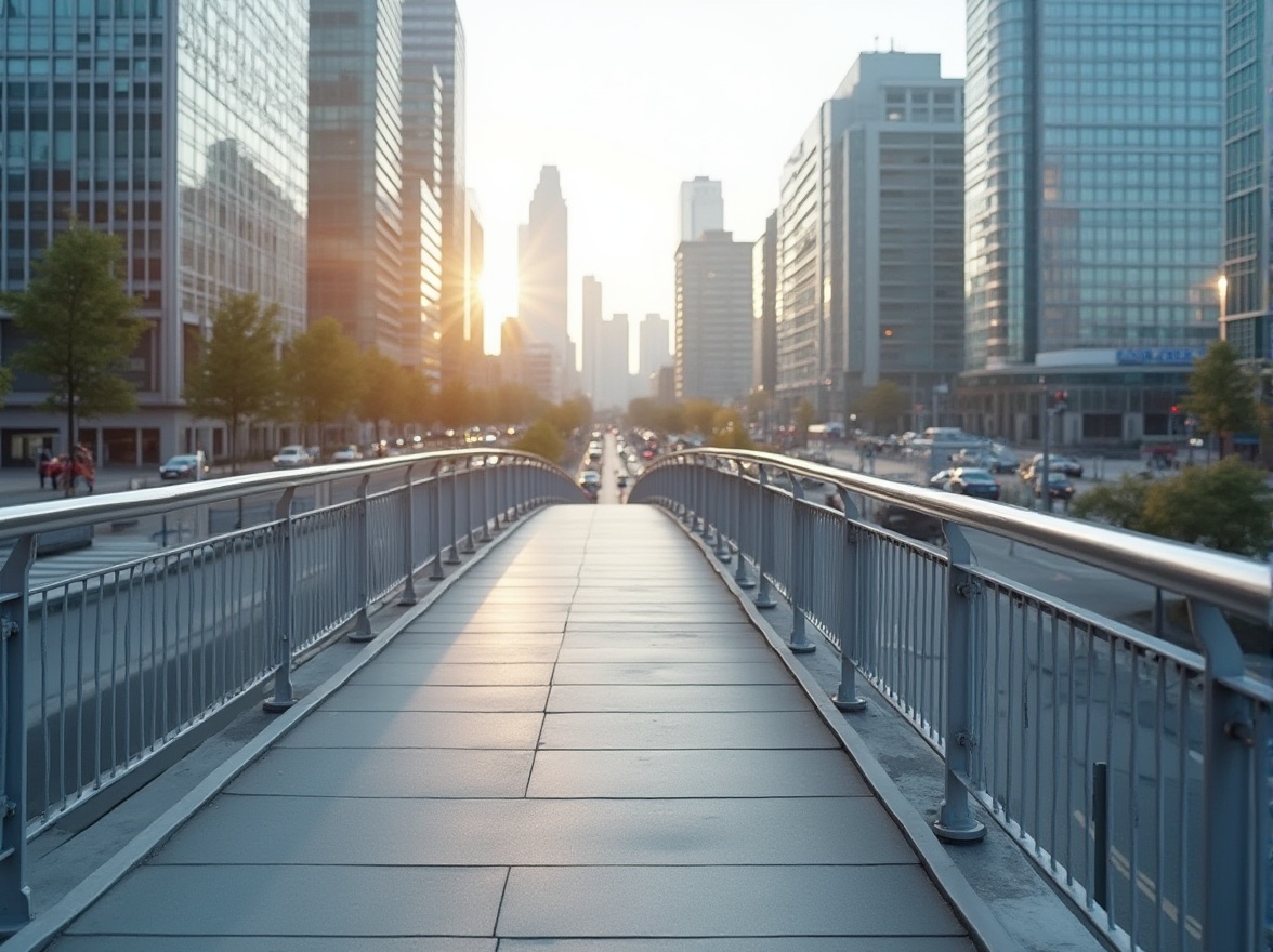 Prompt: Modern pedestrian bridge, academic style, sleek lines, minimalist railing, silver metal material, reflective surface, subtle curves, urban background, cityscape, skyscrapers, busy street, morning light, soft shadows, 3/4 composition, panoramic view, low-angle shot, emphasizing structure.