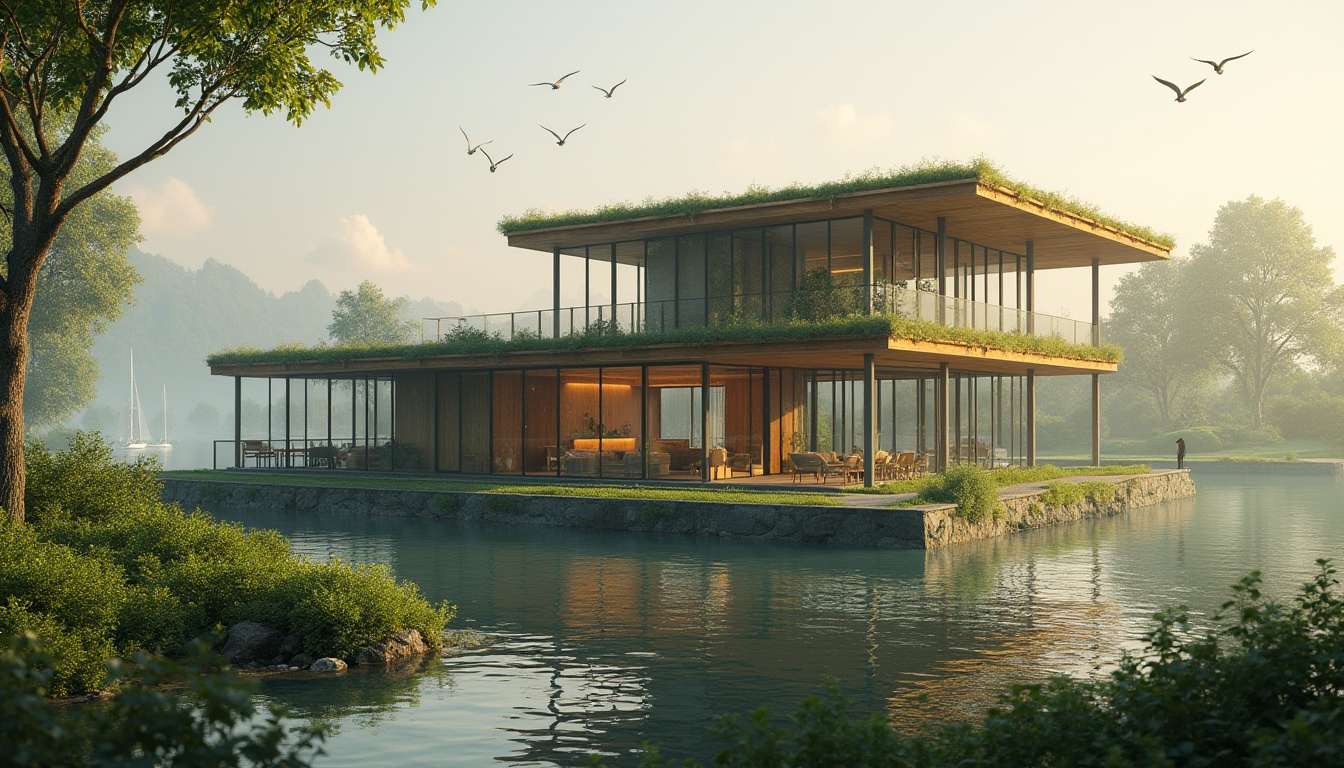 Prompt: Lakefront factory, green architecture, eco-friendly building, large windows, natural lighting, solar panels, green roof, lush vegetation, tranquil atmosphere, wooden accents, minimalist interior, modern design, steel framework, waterfront view, serene lake, sailboats, seagulls flying overhead, gentle waves, misty morning, warm sunset light, 3/4 composition, soft focus background, ambient Occlusion.