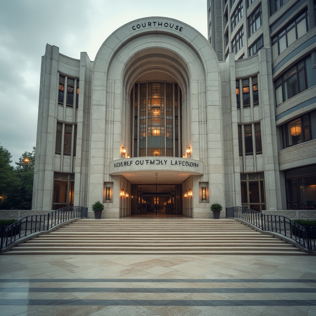 Prompt: Courthouse building, Streamline Moderne style, elegant architecture, symmetrical composition, grand entrance, marble stairs, ornate metal railings, high ceilings, large windows, vertical lines, curved edges, luxurious materials, polished stone floors, intricate details, majestic atmosphere, urban setting, cityscape background, cloudy day, soft natural light, 3/4 composition, low-angle shot, cinematic mood.