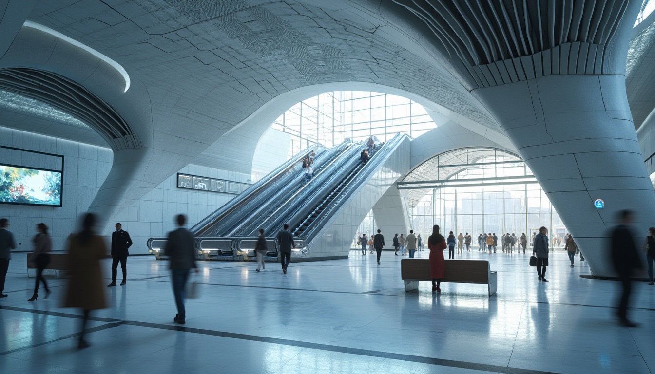 Prompt: Modern metro station, sleek lines, geometric shapes, metallic materials, LED lights, futuristic ambiance, urban landscape, cityscape, morning rush hour, people in motion, blurred figures, reflective surfaces, glass ceilings, steel beams, minimalist benches, abstract advertisements, digital displays, escalators, stairs, tunnels, arches, clean floors, neutral color palette, softbox lighting, low-angle shot, 3/4 composition.