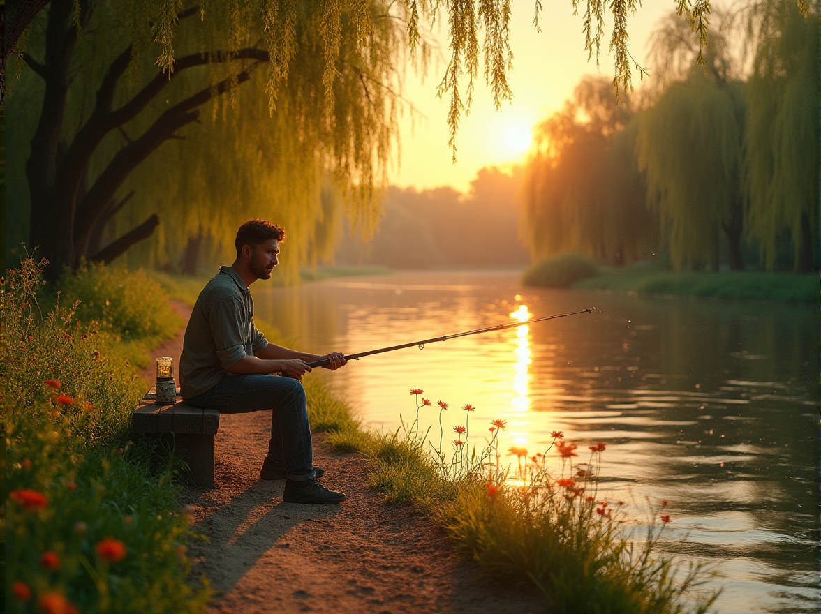 Prompt: Riverbank, sunset time, gentle flowing water, lush green trees, weeping willows, blooming wildflowers, vibrant colors, narrow dirt path, solo figure, sitting on wooden bench, feet touching the river's edge, hands holding a fishing rod, relaxed posture, soft facial expression, golden light reflecting off the calm water, warm ambient lighting, cinematic composition, 3/4 view, natural scenery, peaceful atmosphere, serene backdrop, realistic details.