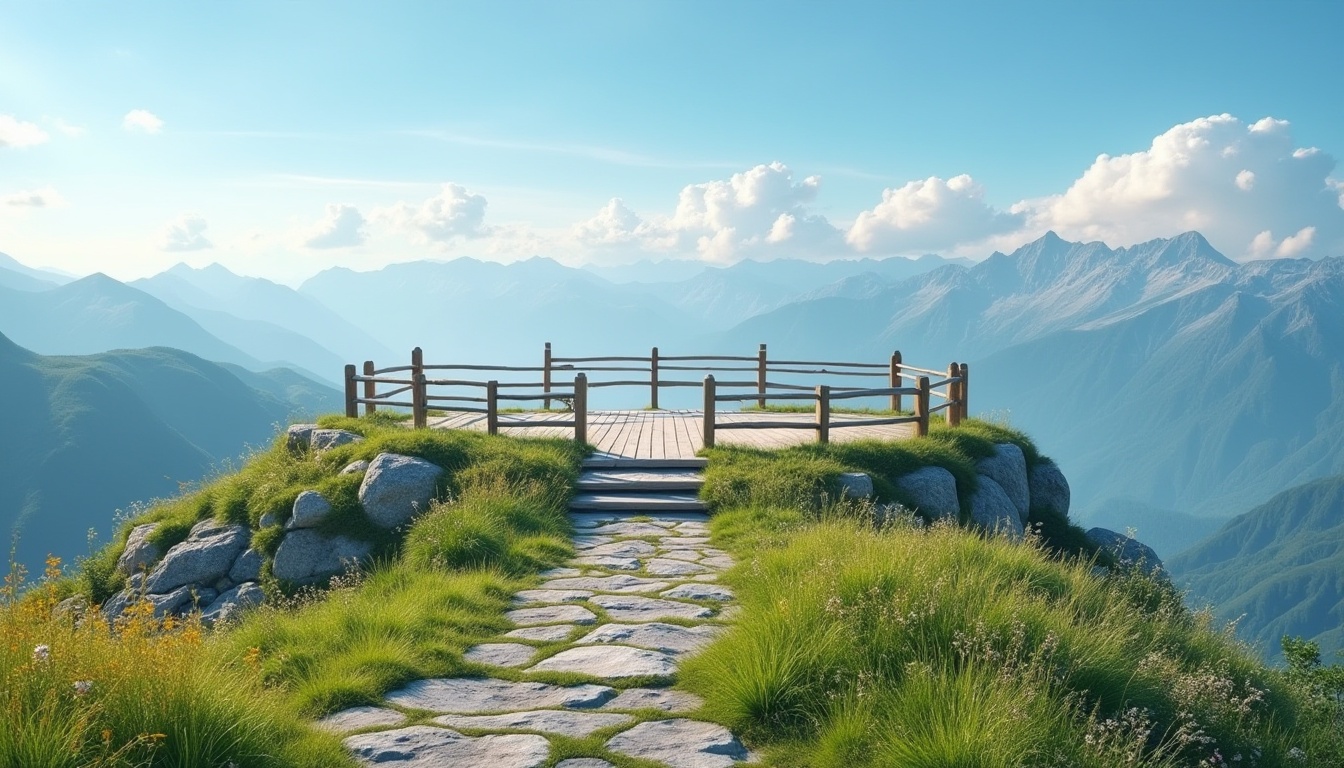 Prompt: Plateau, elevated viewing platform, majestic mountain range background, clear blue sky, fluffy white clouds, gentle breeze, verdant green grass, vibrant wildflowers, natural stone steps, wooden railings, observation deck, 3/4 composition, panoramic view, soft warm lighting, afternoon sun, dramatic shadows, cinematic atmosphere, enhanced spectator experience.