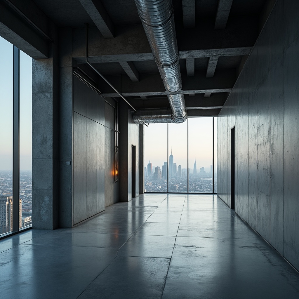 Prompt: Modern design, galvanized steel, metallic texture, industrial look, urban atmosphere, skyscraper, cityscape, concrete floor, steel beams, exposed ductwork, minimalist decor, geometric shapes, clean lines, monochromatic color scheme, spotlighting, high contrast, dramatic shadows, low-angle shot, cinematic composition.