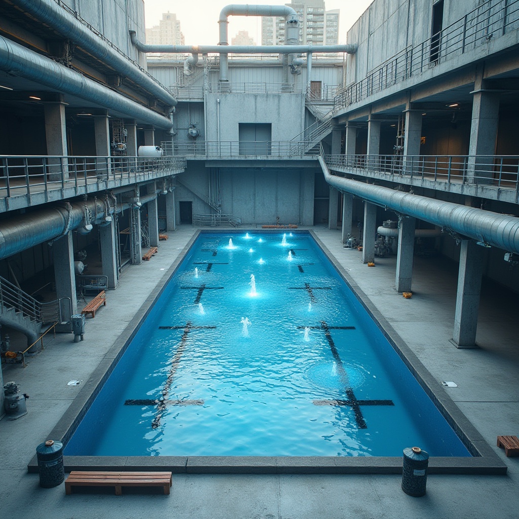 Prompt: Industrial area, swimming pool, rectangular shape, concrete structure, steel framework, modern architecture, urban landscape, cityscape, grey tones, sleek lines, minimalist design, functionality focused, safety fences, metal railings, stairs, ladders, underwater lighting, blue LED lights, water features, fountains, splash pads, industrial pipes, machinery, valves, gauges, concrete pavement, urban furniture, steel benches, trash cans, security cameras, morning light, soft shadows, 3/4 composition.