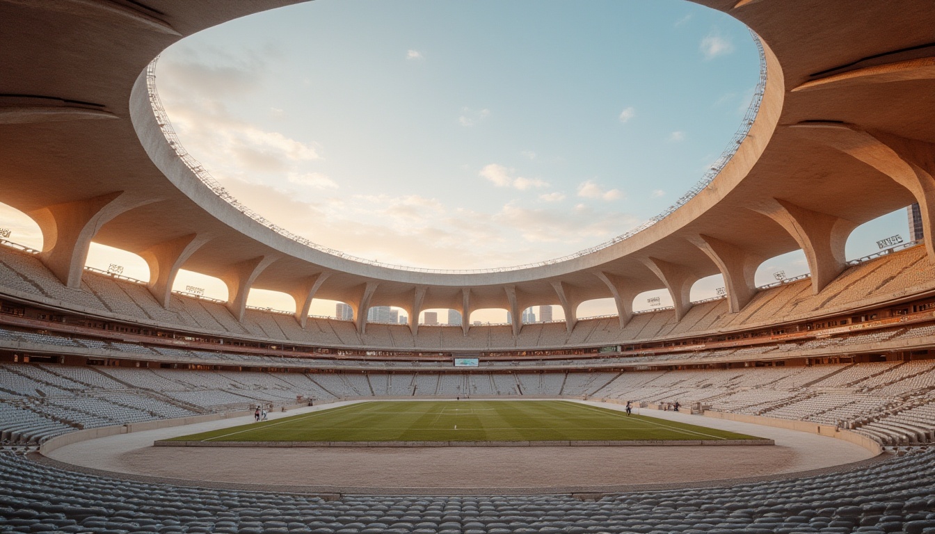 Prompt: Stadium architecture, modern design, sandy texture, casted concrete materials, curved lines, futuristic shape, grandstand seating, floodlights, evening sky, warm ambient lighting, distant cityscape, 3/4 composition, low-angle shot, shallow depth of field, realistic rendering, high-dynamic-range.