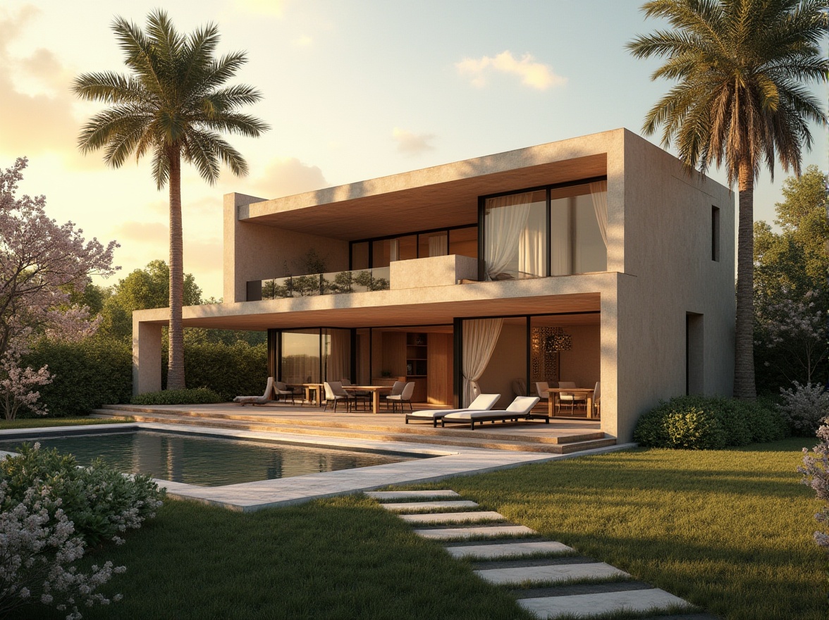 Prompt: villa, modernism, khaki color, exterior walls, large windows, sliding glass doors, minimalist design, luxurious atmosphere, surrounding greenery, palm trees, blooming flowers, natural lighting, warm sunset, 3/4 composition, shallow depth of field, soft focus, realistic texture.