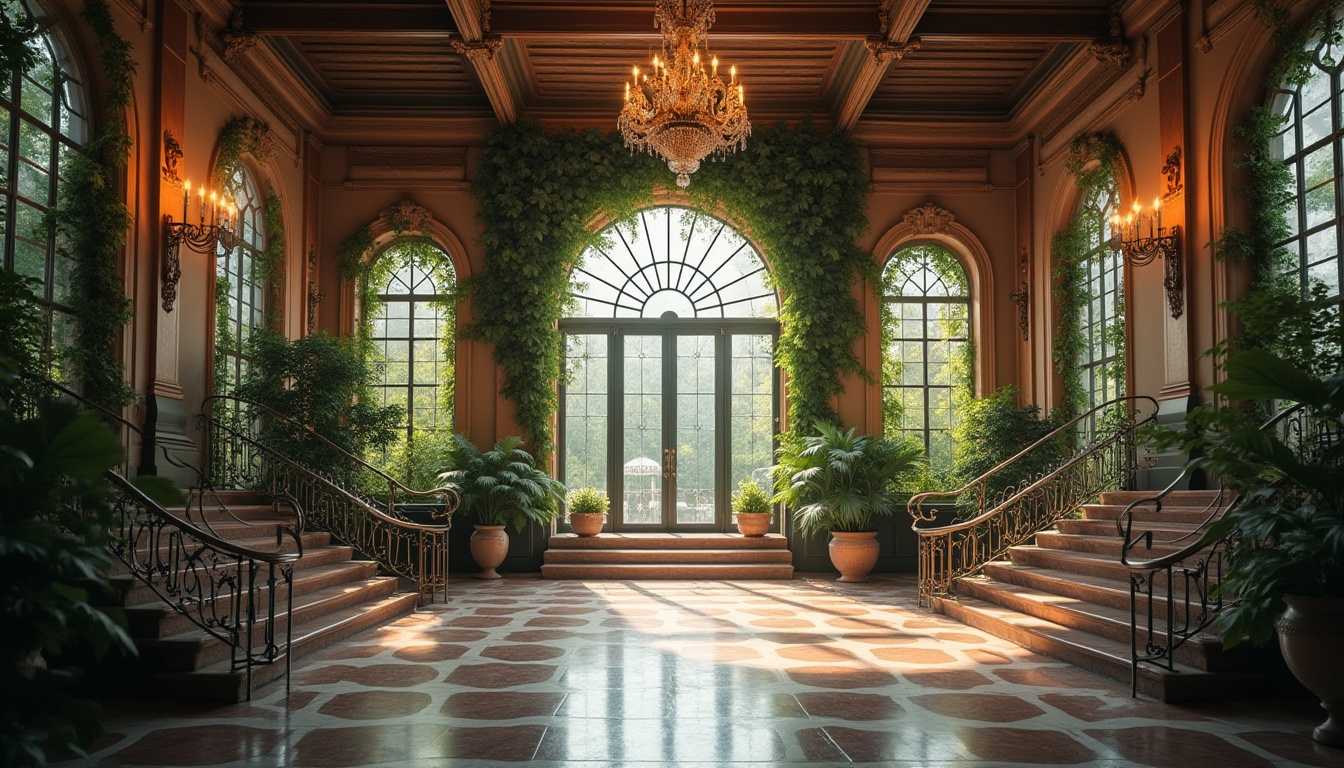 Prompt: Romanticism style school, majestic entrance, steel frame glass doors, intricate ironwork, grand staircase with steel banisters, ornate chandeliers, polished marble floors, high ceilings with steel beams, warm wooden accents, lush greenery, vines crawling up steel columns, soft natural light pouring in through large windows, serene atmosphere, 3/4 composition, gentle focus on the steel details.