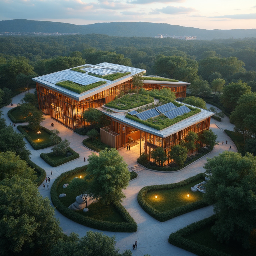 Prompt: Suburban landscape, modern architecture, performing arts center, integration with nature, green roofs, solar panels, glass façade, wooden accents, outdoor amphitheater, lush greenery, trees, flowers, water features, walking paths, evening lights, soft glow, warm atmosphere, panoramic view, 3/4 composition, shallow depth of field, cinematic lighting.