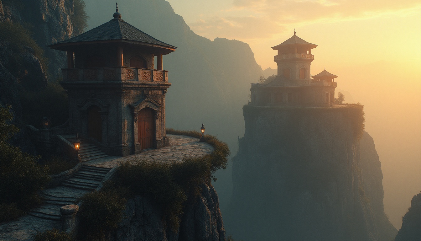 Prompt: Watching towers, plateaus, majestic stone structures, solitary, misty atmosphere, mysterious, rugged mountainside, steep cliffs, winding staircases, lanterns, intricate carvings, rusty iron gates, worn stone walls, overgrown with vines, abandoned, eerie silence, dramatic sunset, warm golden light, cinematic composition, atmospheric perspective, 3/4 view, soft focus.