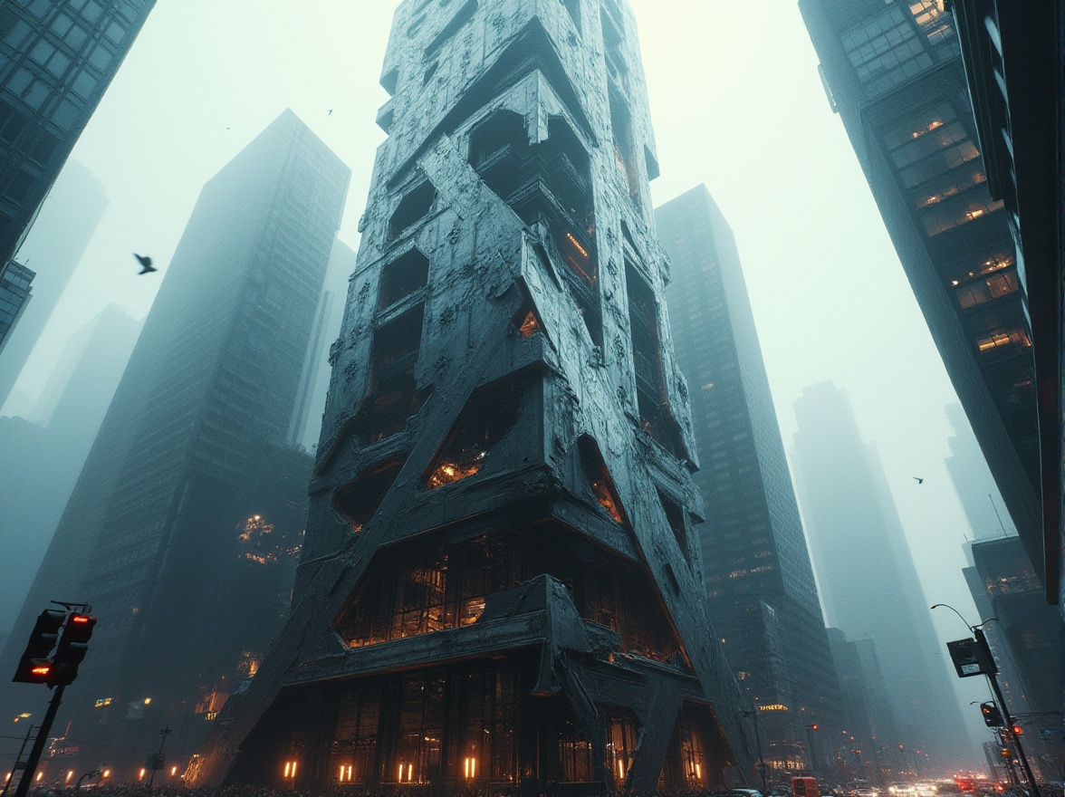 Prompt: Deconstructivist skyscraper, futuristic architecture, irregular shape, fragmented forms, clashing materials, metallic panels, glass façade, abstract composition, dramatic lighting, cityscape background, urban jungle, crowded streets, towering skyscrapers, avant-garde style, 3/4 composition, low-angle shot, moody atmosphere, high-contrast lighting.