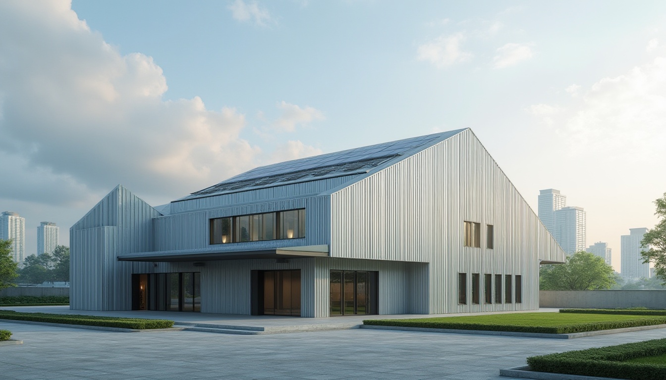 Prompt: Modern school building, corrugated metal wall, silver color, reflective surface, industrial style, angular structure, large windows, natural light, green roof, solar panels, urban background, cityscape, distant skyscrapers, cloudy sky, soft lighting, panoramic view, 3/4 composition.