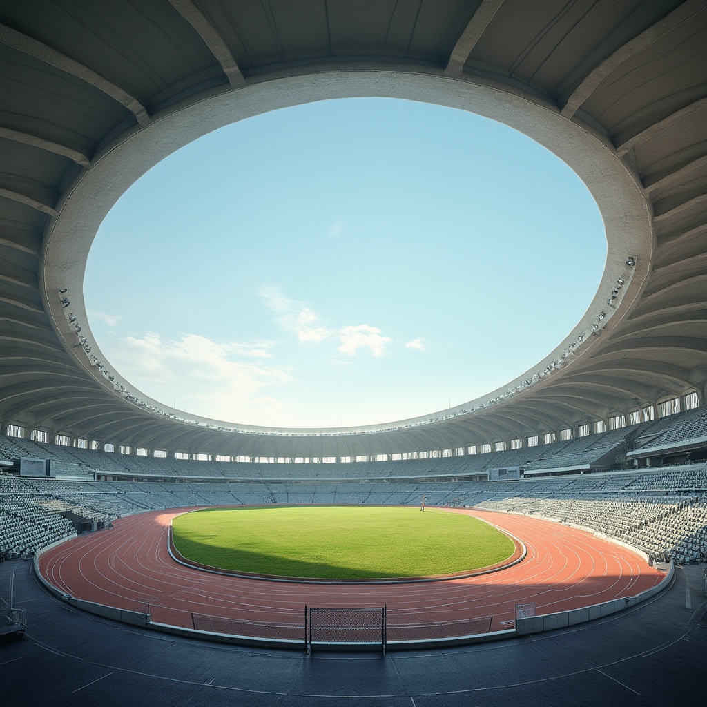 Prompt: Modern stadium, daytime, sunny sky, blue atmosphere, athletic track, green grass, fiber-cement material, curved structure, arch shape, robust pillars, smooth texture, shiny surface, subtle shadows, dynamic composition, low-angle shot, dramatic lighting, warm color tone, urban landscape, cityscape background.