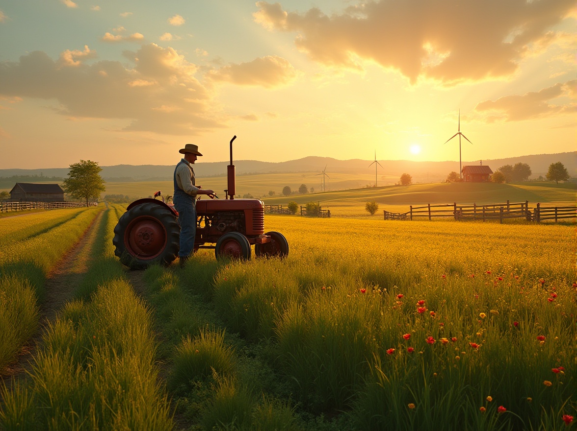 Prompt: Farmland setting, sunset time, vast open fields, green wheat, yellow rapeseed, red poppy flowers, farmhouses in the distance, old rusty tractors, wooden fences, scattered trees, rolling hills, windmills, rustic roads, country paths, straw hats, denim overalls, cowboy boots, baskets of fresh fruits and vegetables, vintage water pumps, traditional farming tools, warm soft lighting, panoramic view, cinematic composition.