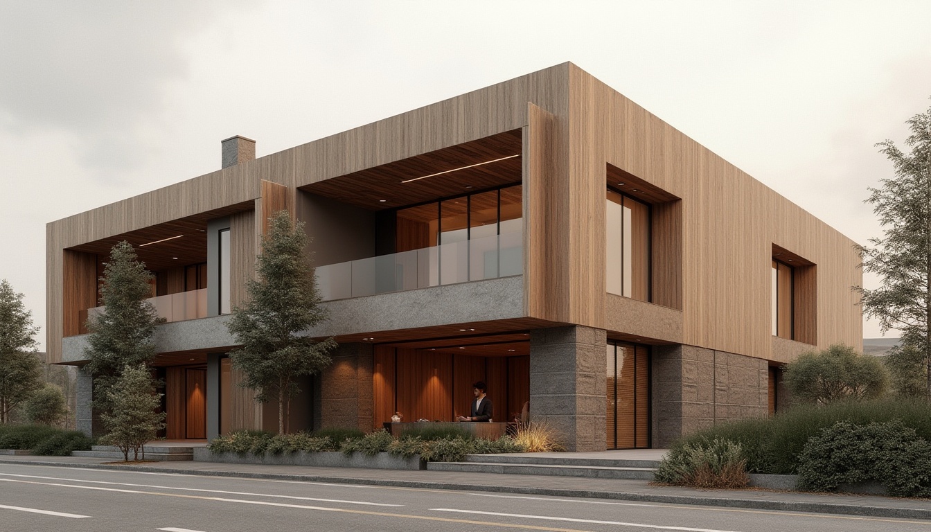 Prompt: Brown color palette, modern architectural design, building facade, earthy tone, natural material, wood accents, stone walls, rectangular structure, minimal ornamentation, clean lines, urban cityscape, daytime, overcast sky, soft diffused lighting, 3/4 composition, realistic rendering.