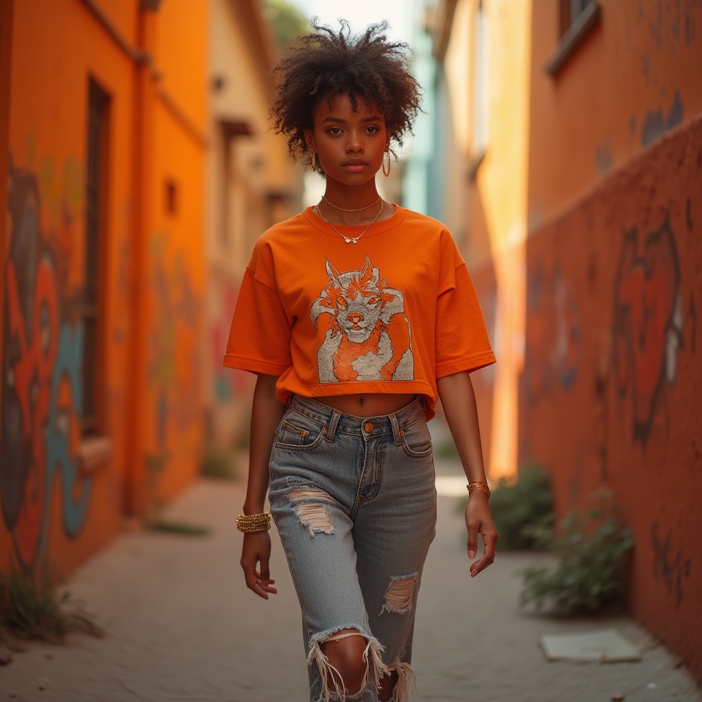 Prompt: Vibrant tangerine color scheme, bright and energetic atmosphere, modern stylish girl, 18-22yo, short curly hair, bold orange eyeshadow, glossy lips, trendy clothing, ripped high-waisted jeans, cropped graphic t-shirt, statement gold accessories, confident stride, city street, urban backdrop, graffiti wall, concrete floor, low-angle shot, dramatic lighting, warm and inviting ambiance.