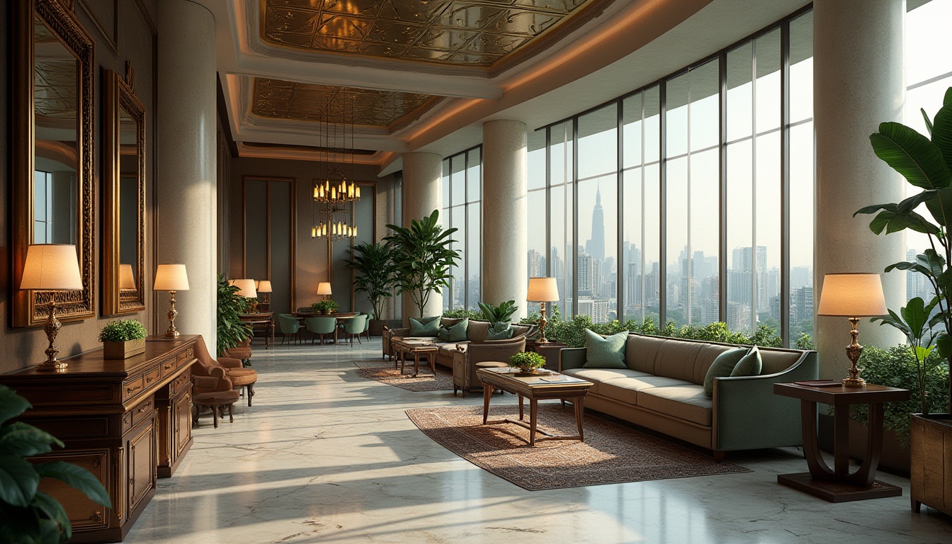 Prompt: Luxurious Art Deco interior, modern functional space, high-rise office building, sleek lines, geometric shapes, metallic accents, marble floors, ornate mirrors, luxurious velvet sofas, wooden tables with inlays, floor lamps with sculptural details, lush greenery, panoramic city view, bright natural light, 3/4 composition, soft focus, cinematic atmosphere.