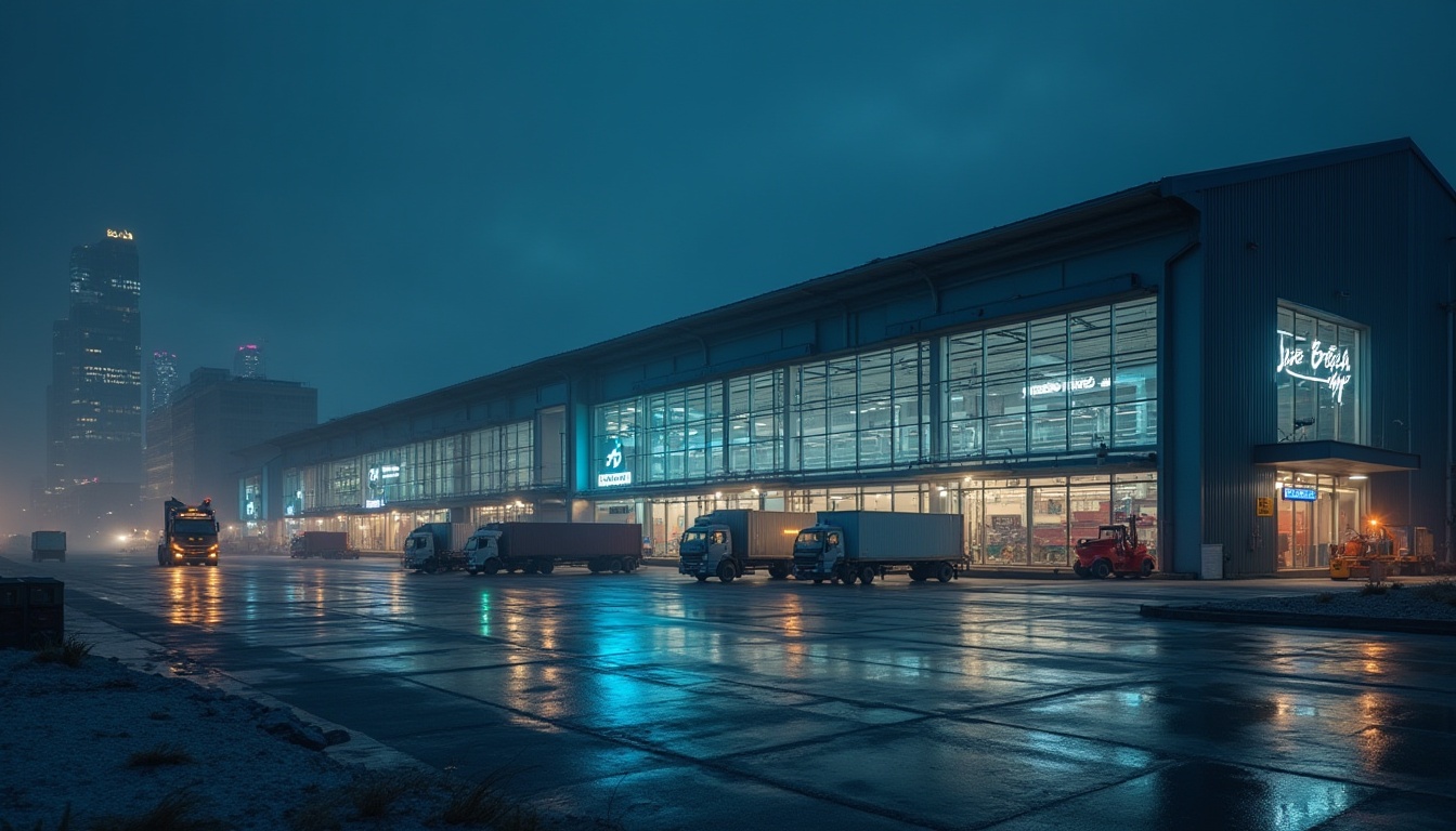 Prompt: Modern distribution center, international style, sleek architecture, glass facade, steel frames, minimalist design, industrial chic, urban landscape, cityscape, concrete pavement, loading docks, cargo trucks, forklifts, crates, shipping containers, neon signs, LED lights, night scene, dramatic lighting, low-angle shot, cinematic composition, 3/4 view, atmospheric mist, soft focus.