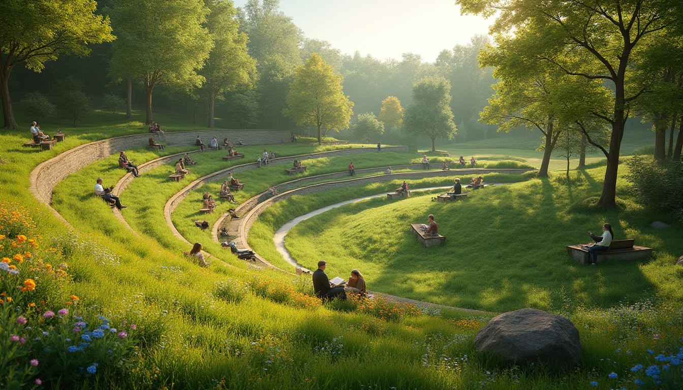 Prompt: Amphitheater design, integrating grassland, natural scenery, serene atmosphere, gentle slope, green lush grass, wildflowers blooming in vibrant colors, wooden benches scattered, people relaxing, reading books, or playing musical instruments, soft sunlight filtering through trees, warm ambient lighting, 3/4 composition, panoramic view, cinematic depth of field, realistic texture, natural material.