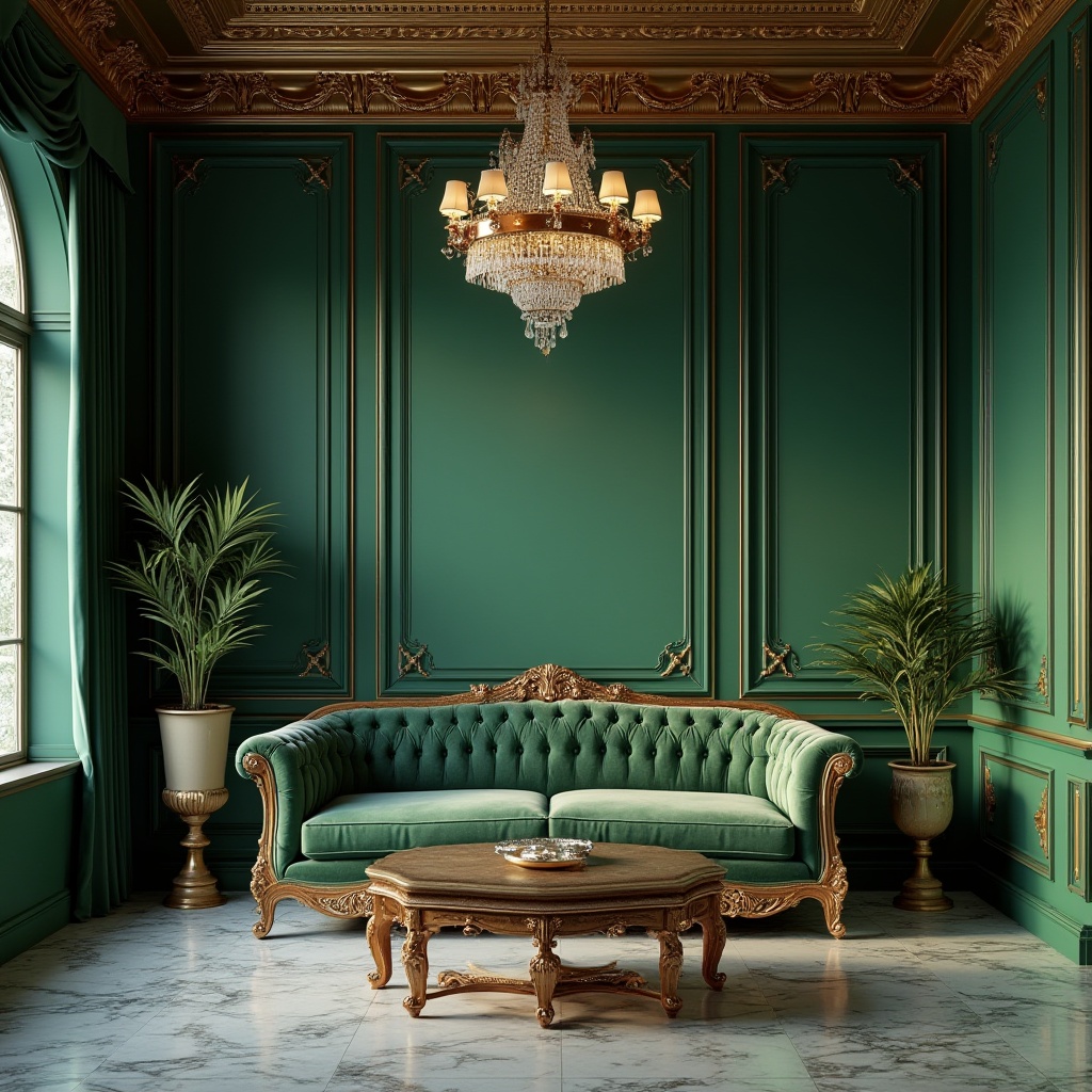 Prompt: Luxurious interior design, malachite green walls, golden trim, ornate ceiling, crystal chandelier, velvet sofa, intricately carved wooden coffee table, marble flooring, subtle lighting, atmospheric shadows, cinematic composition, shallow depth of field, warm color palette, opulent fabrics, regal atmosphere.