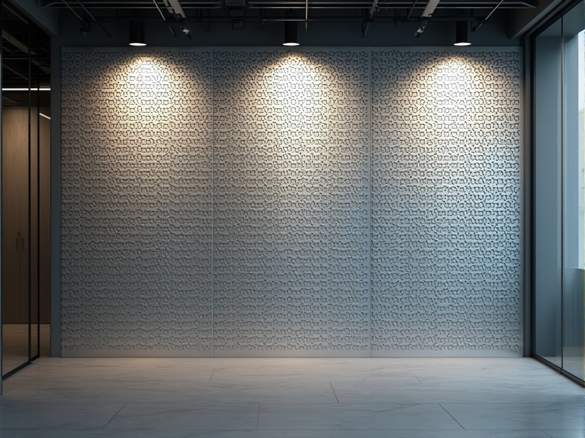 Prompt: Modern decorative perforated metal panel, silver brushed finish, intricate patterns, laser-cut design, geometric shapes, minimalist aesthetic, suspended ceiling installation, ambient lighting, subtle shadows, futuristic ambiance, sleek lines, urban office interior, contemporary architecture, brutalist structure, industrial chic, metallic sheen, abstract composition, 3/4 view, high-contrast lighting.