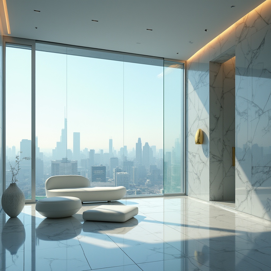 Prompt: Glass material, transparent, reflective, sleek, modern design, minimalist interior, urban setting, high-rise building, cityscape view, daytime, soft natural light, subtle shadows, luxurious atmosphere, elegant decoration, metallic frame, smooth texture, crystal clear glass, geometric shape, angular lines, futuristic feel, 3/4 composition, panoramic view, cinematic lighting, HD render.