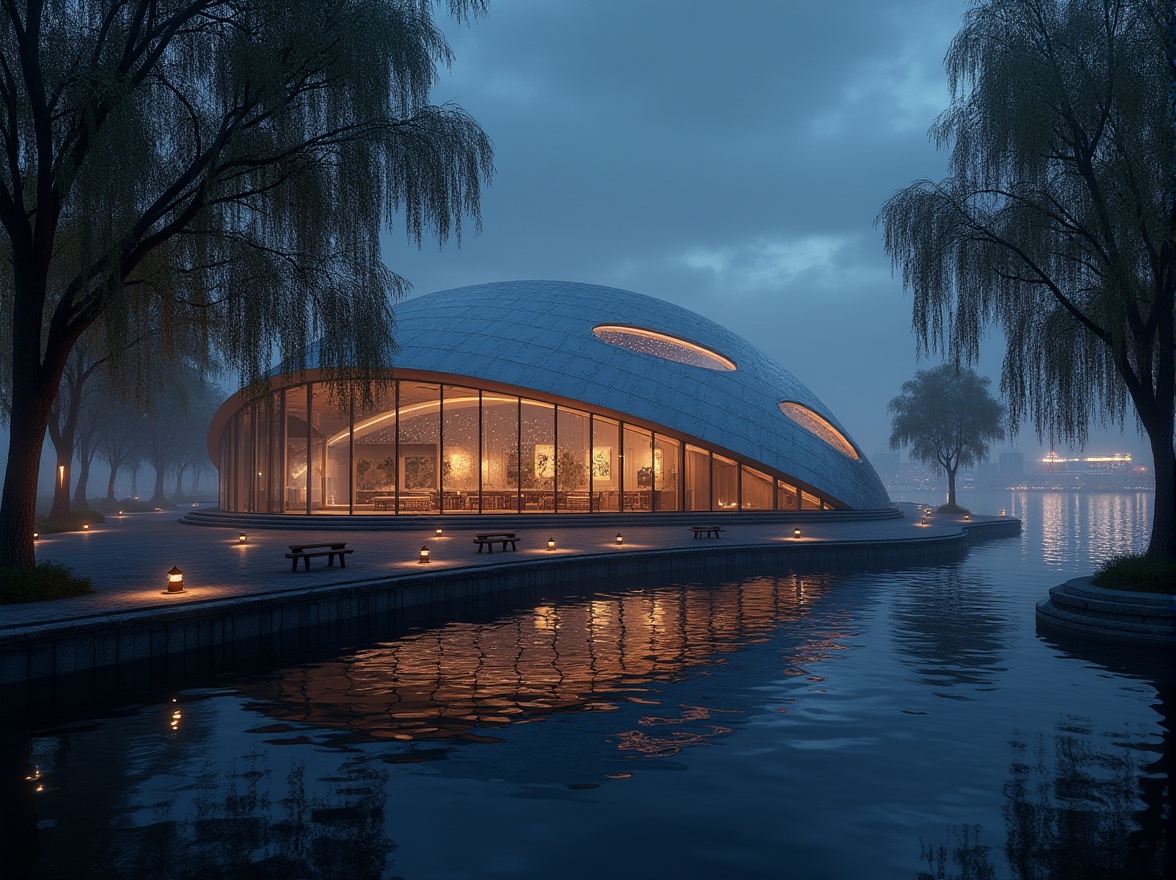 Prompt: Riverbank planetarium, streamline moderne style, futuristic dome-shaped building, metallic materials, silver-gray tone, sleek lines, curved edges, glass walls, reflective surfaces, LED lighting, ambient glow, night scene, stars visible through transparent dome, riverbank setting, calm water reflection, willow trees surrounding, few benches along the path, lanterns hanging from branches, soft mist rising from the water, distant cityscape in the background, panoramic view, 3/4 composition, low-angle shot, cinematic lighting.