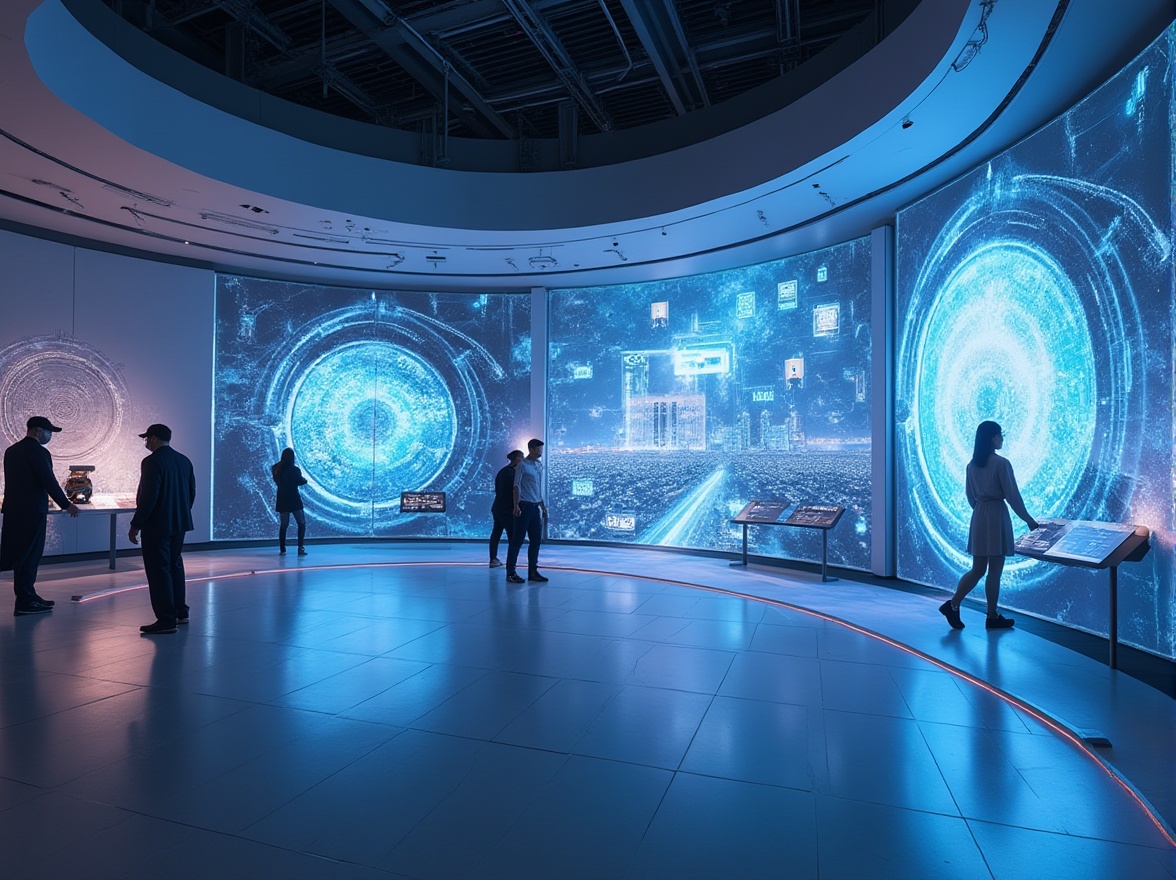 Prompt: Immersive experience, futuristic virtual reality, sleek design, neon lights, holographic projections, interactive exhibits, minimalist architecture, modern museum, spacious interior, polished floors, glass walls, cityscape view, daytime, soft natural light, cinematic composition, 3/4 shot, shallow depth of field, futuristic ambiance.