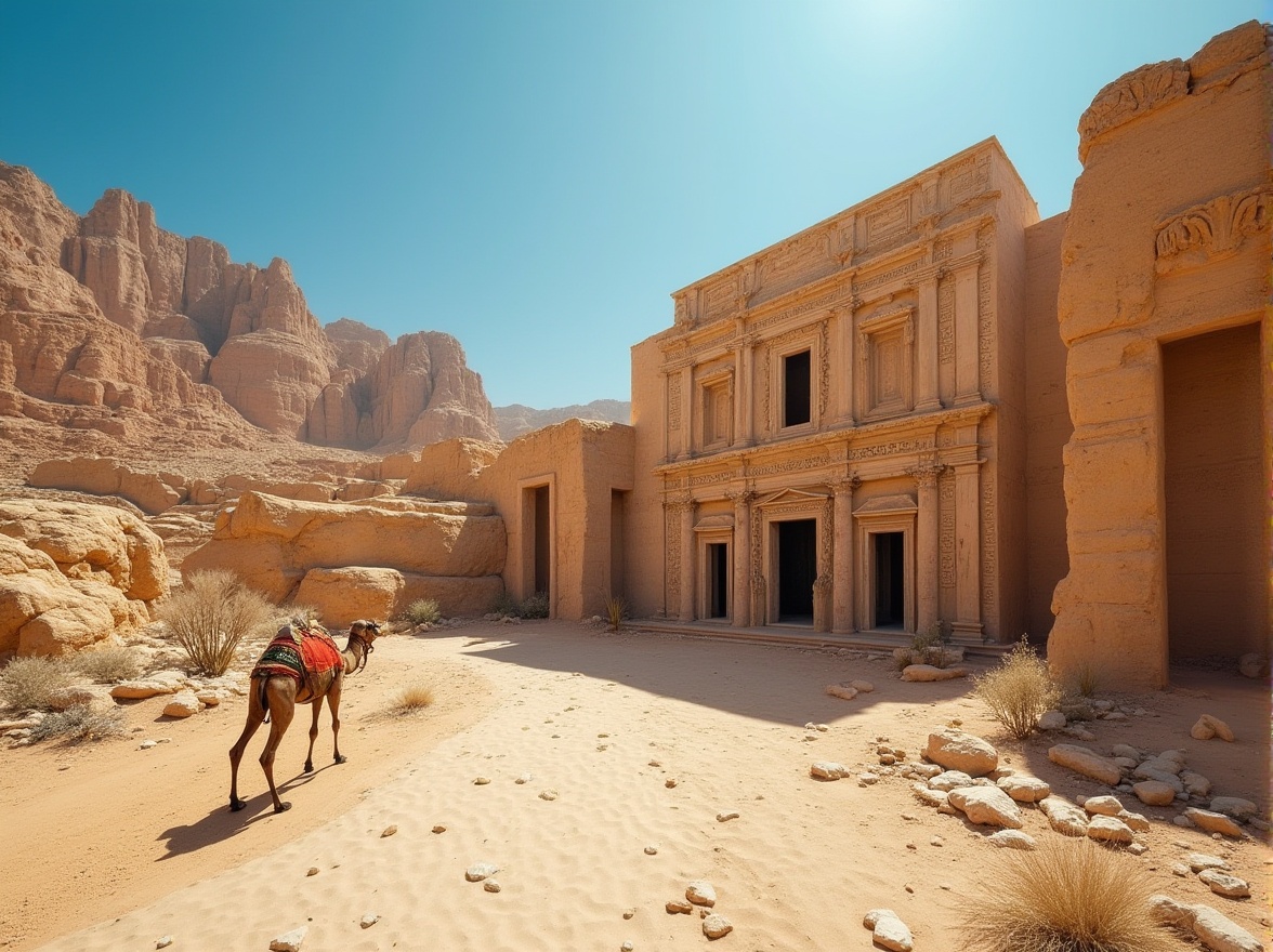 Prompt: Desert landscape, sandy dunes, rocky outcrops, cactus plants, clear blue sky, hot sun, camel walking by, ancient ruins in background, intricate stone carvings, worn wooden doors, majestic arches, ornate tiles, vibrant textiles, colorful ceramics, Middle Eastern architecture, warm earthy tones, dramatic shadows, low-angle lighting.