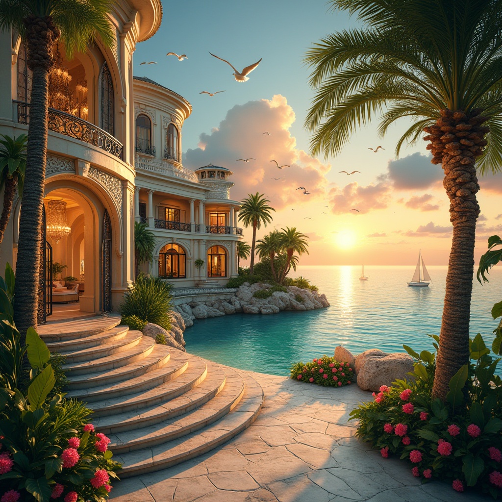 Prompt: Art Deco island, luxurious villa, tropical plants, palm trees, vibrant flowers, intricate ironwork, ornate architecture, grand staircase, lavish furnishings, glamorous chandeliers, opulent fabrics, sparkling jewelry, sun-kissed beach, crystal clear waters, sailboats, seagulls flying overhead, warm sunset, golden lighting, 3/4 composition, cinematic atmosphere, depth of field, HDR.