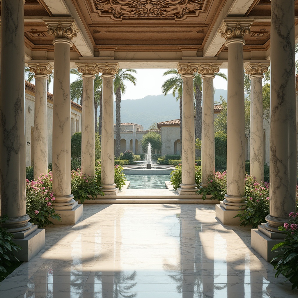 Prompt: Renaissance pavilion, grand architectural structure, ornate marble columns, intricate carvings, white Carrara marble flooring, polished reflective surface, subtle veins, warm ambient lighting, soft shadows, Mediterranean garden surroundings, lush greenery, blooming flowers, serene water features, fountain sounds, distant mountainous backdrop, 3/4 composition, cinematic depth of field.