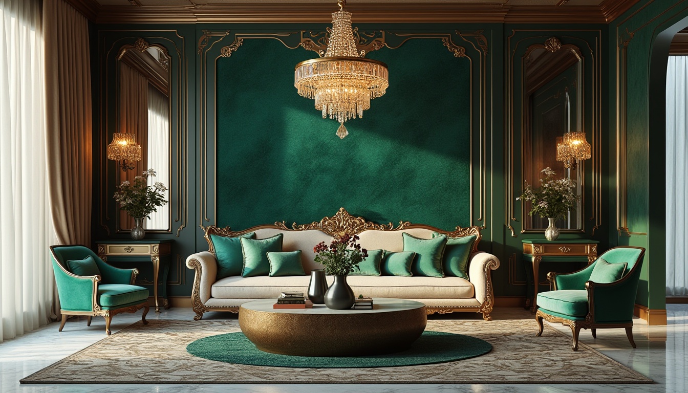 Prompt: Luxurious interior design, malachite green accent wall, marble floor, golden metallic trim, ornate crystal chandelier, velvet sofa, satin pillows, expensive vase, luxurious drapes, elegant coffee table, rich wooden furniture, intricate carvings, high-end decorations, lavish ambiance, warm softbox lighting, 3/4 composition, shallow depth of field.