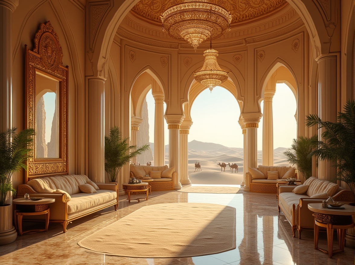 Prompt: Desert hotel, luxurious interior, regional Middle Eastern architecture, intricate Arabic patterns, golden accents, lavish furnishings, ornate mirrors, crystal chandeliers, soft beige carpets, majestic pillars, grand archways, exotic plants, spacious lobby, warm lighting, afternoon sunbeams, sand dunes backdrop, clear blue sky, distant camels, serene atmosphere, 3/4 composition, cinematic depth of field.