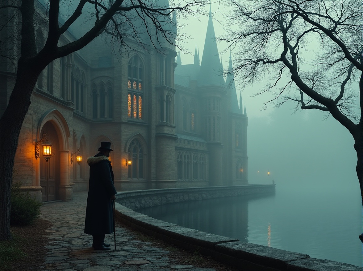 Prompt: Lakefront, mysterious atmosphere, Baroque Gothic style architecture, intricate stone carvings, grandiose cathedral-like structure, stained glass windows reflecting lake water, dramatic lighting, misty fog rolling off the lake, twisted tree branches, old lanterns hanging from trees, solitary figure in dark attire, long coat with fur trim, top hat, holding a cane, standing at the lakeside, contemplating the misty horizon, subtle ripples on the lake surface, warm color palette, cinematic composition, 3/4 view, shallow depth of field.