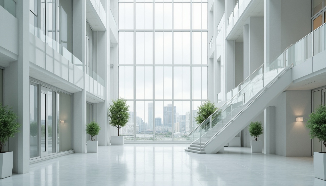 Prompt: Modern public administration building, minimalist architecture, simple clean lines, white walls, large glass windows, natural light pouring in, sparse greenery, sleek metal frames, polished marble floors, subtle LED lighting, open atrium, staircase with minimalist railings, empty space emphasizing functionality, urban cityscape background, cloudy day, soft diffused light, 3/4 composition, realistic rendering.