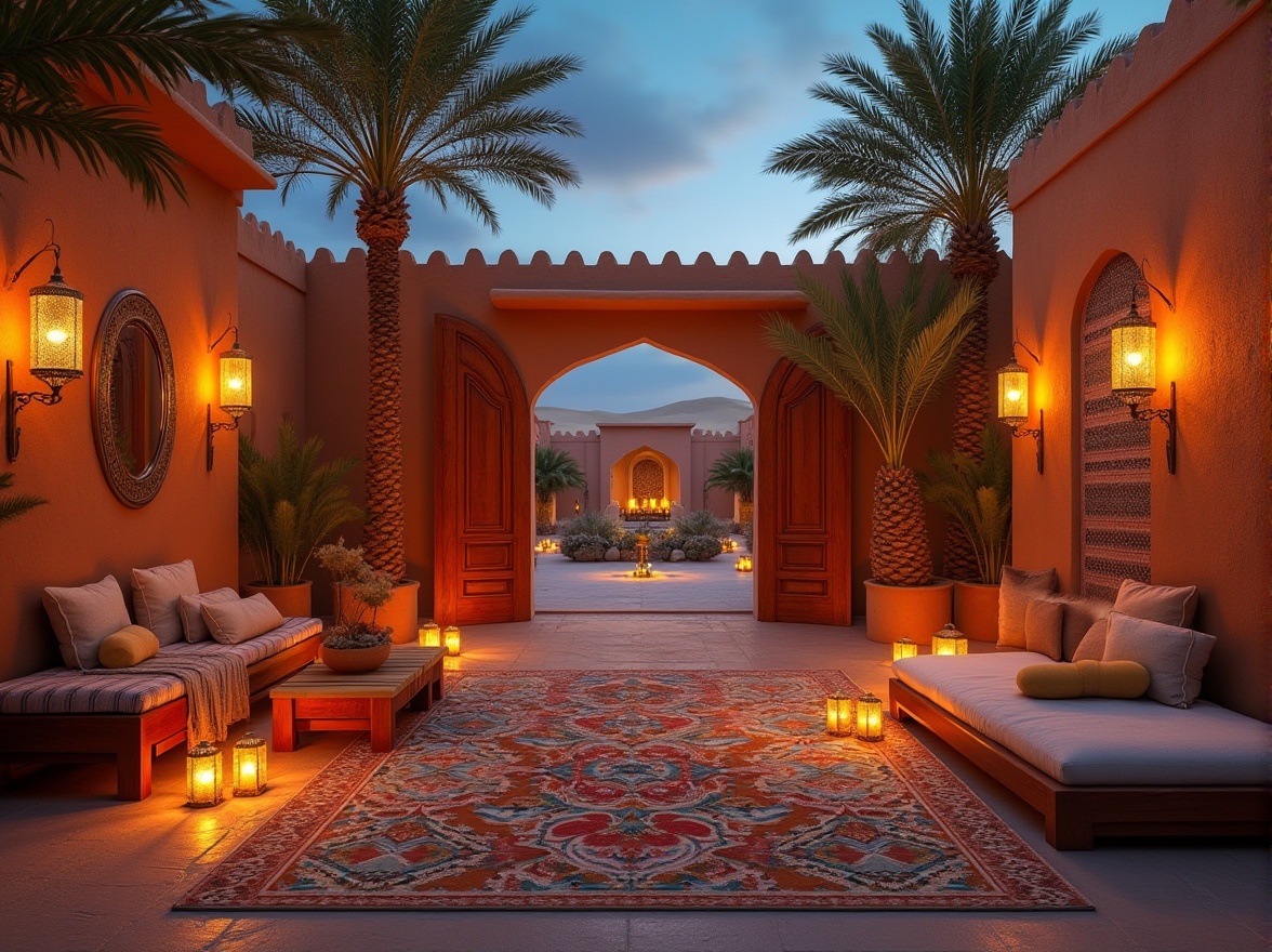 Prompt: Desert hotel, luxurious interior, regional architectural style, adobe structure, earthy tone walls, intricate wooden doors, vibrant colorful tiles, Moorish patterns, lanterns, Middle Eastern ambiance, warm lighting, cozy seating area, Moroccan-inspired furniture, plush cushions, ornate mirrors, elegant chandeliers, palm trees, sandy dunes, clear blue sky, dramatic sunset, 3/4 composition, soft focus, cinematic mood.