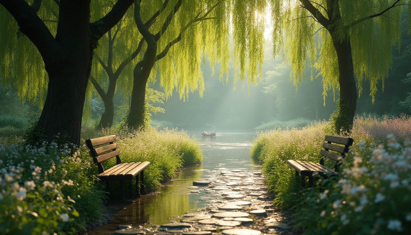 Prompt: Riverbank scenery, harmonious coexistence with nature, serene atmosphere, lush greenery, weeping willows, blooming wildflowers, gentle river flow, wooden benches, natural stone pathways, vines crawling up trees, soft sunlight filtering through leaves, warm ambient lighting, misty morning, peaceful composition, 3/4 view, cinematic color palette.