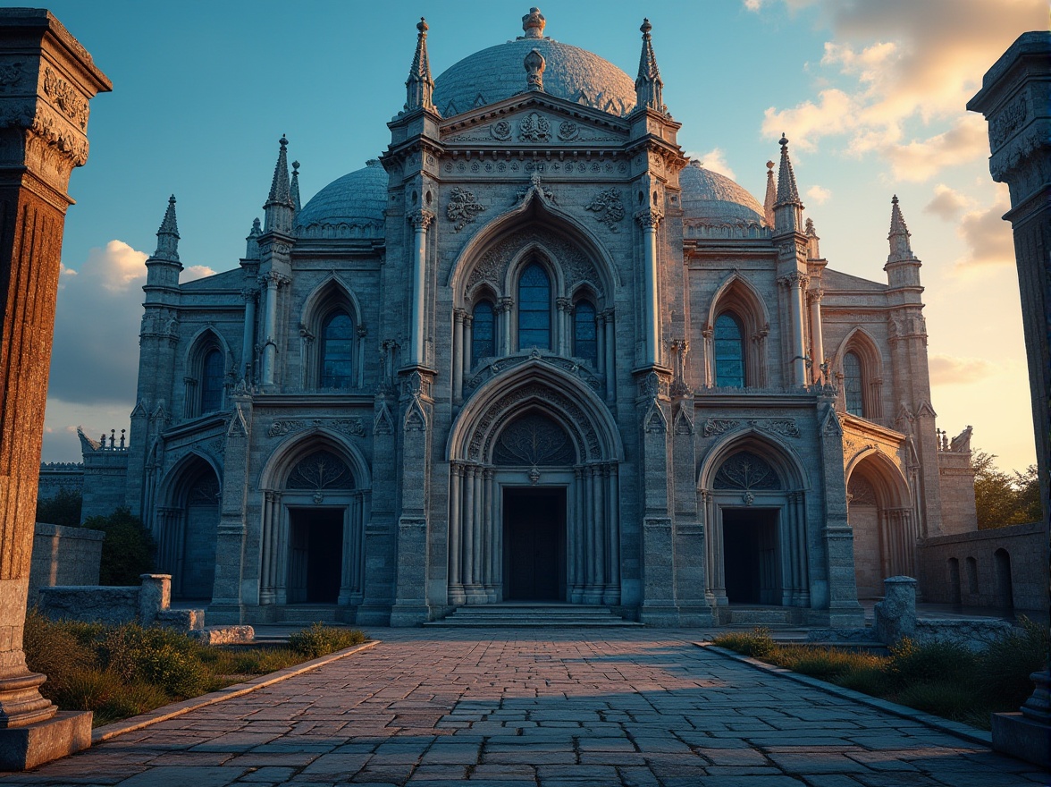 Prompt: Romaneque architecture, indigo color accents, grandiose structure, ornate stone carvings, intricate arches, domed roof, stained glass windows, majestic entrance, imposing columns, ancient ruins, mysterious atmosphere, warm lighting, golden hour, dramatic shadows, cinematic composition, 3/4 view, low-angle shot.