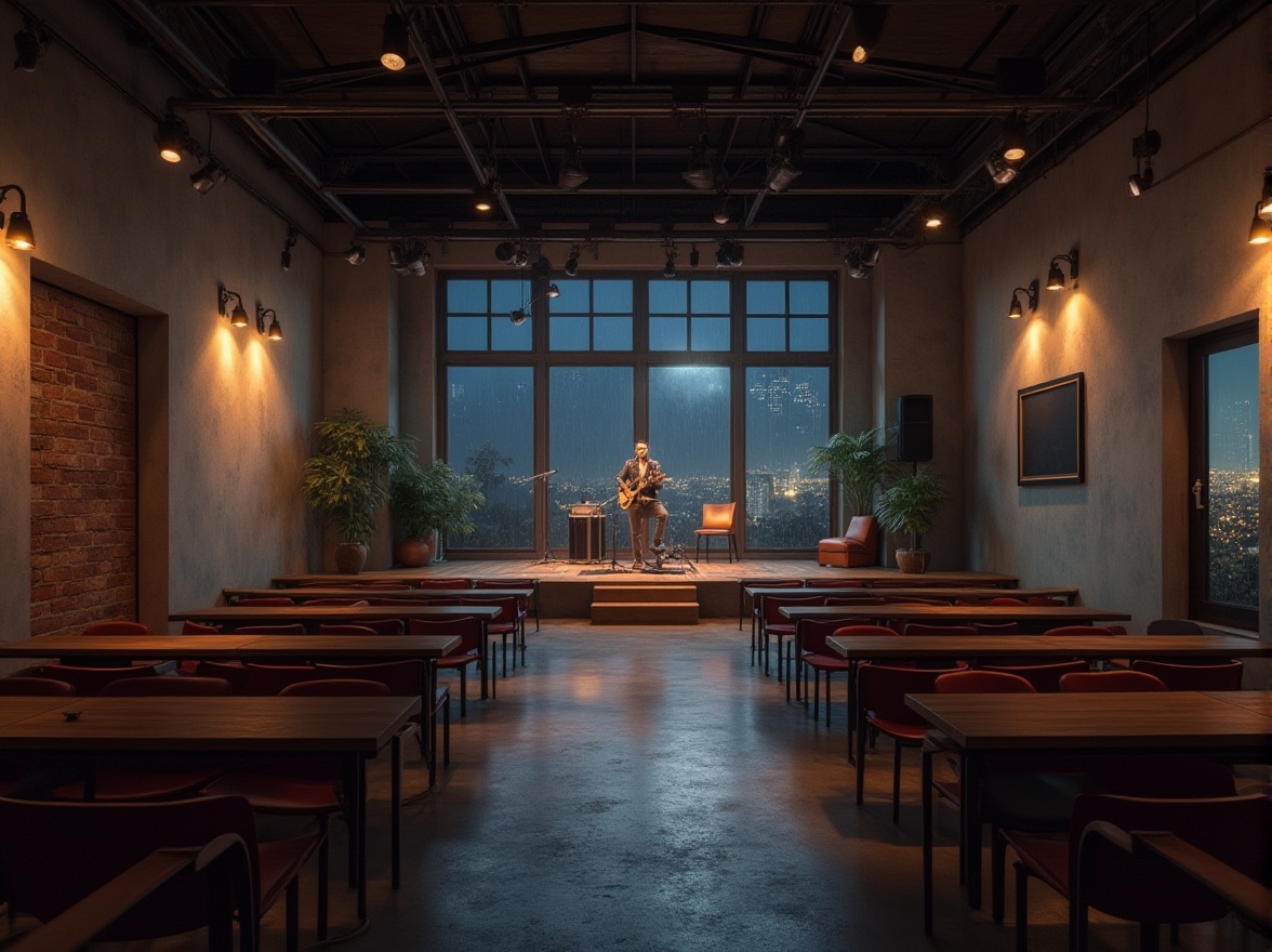 Prompt: Modern music venue, minimalist design, simple color scheme, industrial materials, concrete walls, wooden floors, metal beams, limited decorations, spotlights, soft ambient lighting, empty space, few audience seats, minimal stage design, single spotlight on performer, acoustic instruments, calm atmosphere, evening time, urban area, cityscape outside windows, rainy night, misty glass reflections.