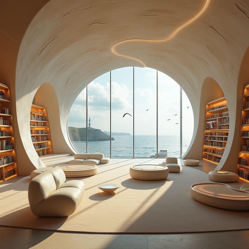 Prompt: Futuristic coastal library, embracing sandy materials, modern architecture, curved lines, minimalist interior, floor-to-ceiling windows, ocean view, warm lighting, wooden shelves, futuristic book robots, holographic displays, comfortable reading nooks, sandy-colored carpets, wave-inspired furniture, glass railings, ocean breeze, seagulls flying outside, distant lighthouse, cloudy sky, soft focus, cinematic composition.