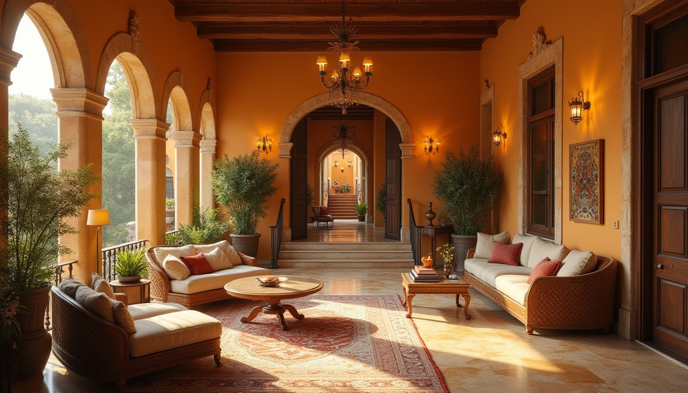 Prompt: Warm amber color, cozy atmosphere, luxurious villa, Mediterranean style, intricate stone carvings, grand entrance, ornate wooden doors, soft warm lighting, majestic staircase, marble floors, elegant chandeliers, lavish furnishings, comfortable couches, rustic wooden tables, vintage decorative items, nature-inspired accents, sunny afternoon, gentle breeze, blooming flowers, lush greenery, serene background, cinematic composition, shallow depth of field, warm ambient light.