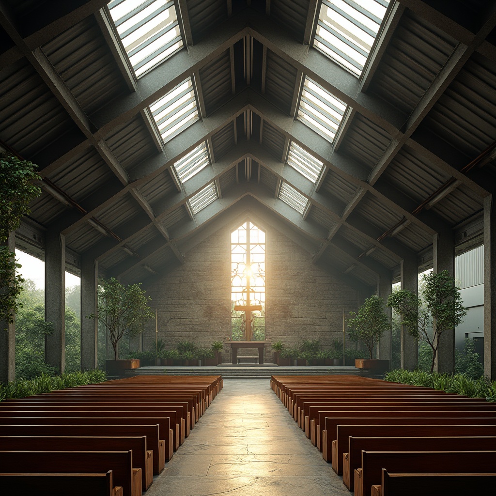 Prompt: Modern church, corrugated iron roofing, industrial style, minimalist interior, natural light pouring through large skylights, stone walls, steel beams, wooden pews, stained glass windows, dramatic altar, intricate details, afternoon sunlight, warm ambient lighting, 3/4 composition, low-angle shot, grand entrance, lush greenery surrounding the building, overcast sky, cinematic atmosphere.