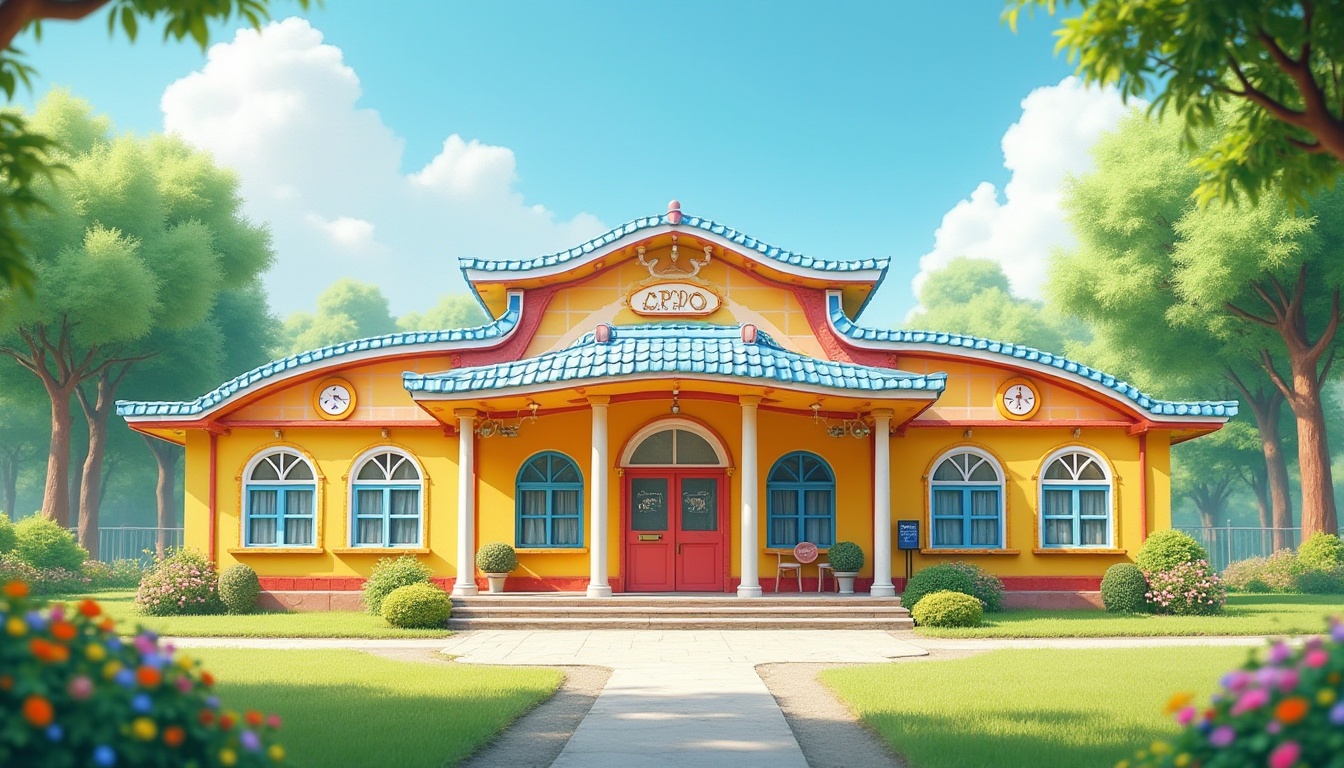 Prompt: Kindergarten building, fusion architecture style, vibrant colors, curved lines, playful structure, whimsical decorations, cartoon-inspired design, bright yellow walls, blue roof tiles, white windows, red doors, green grass, flower beds, tall trees, sunny day, clear sky, panoramic view, 3/4 composition, soft focus, warm lighting.