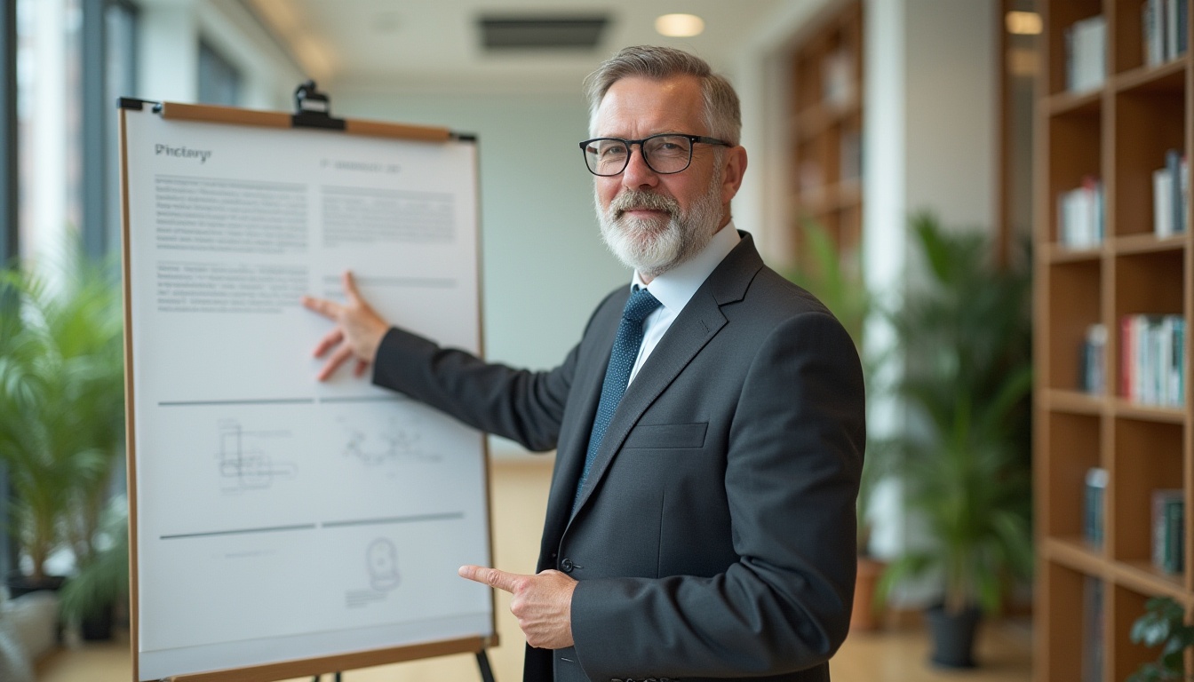 Prompt: University campus, regionalism architecture style, modern building complex, successful implementation, case study display board, professor, mature man, glasses, beard, suit, tie, holding a pointer, standing in front of the board, confident posture, natural light, wooden floor, bookshelves, green plants, white walls, panoramic view, 3/4 composition, soft lighting.