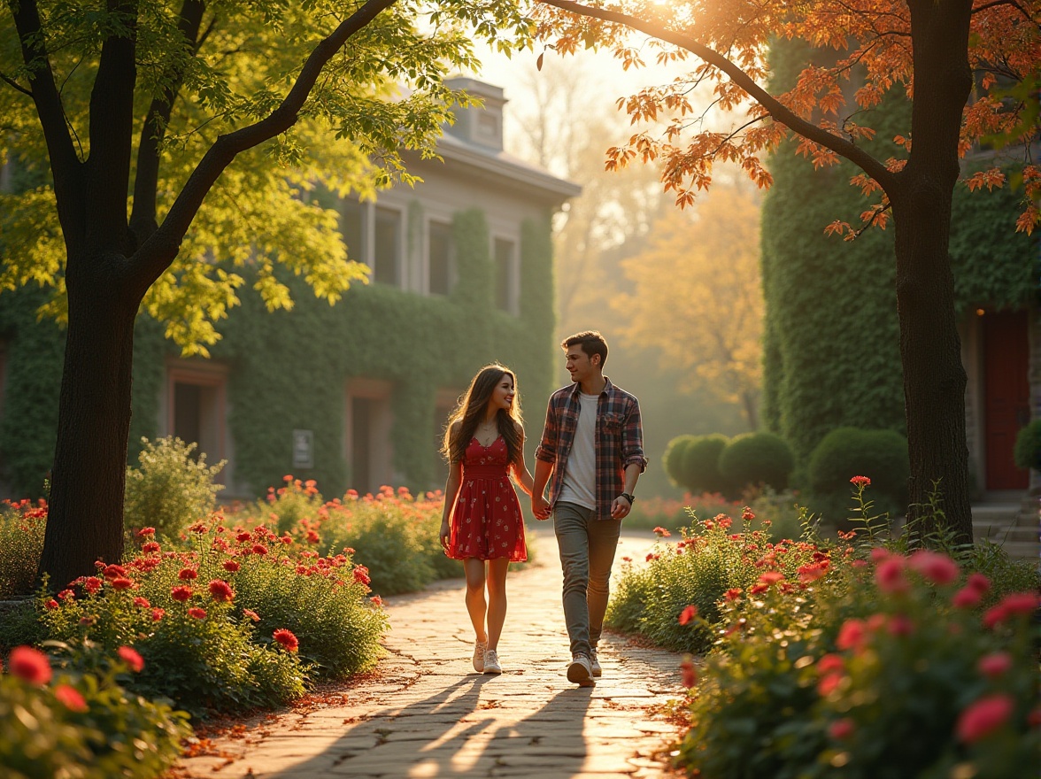 Prompt: Romantic campus scene, lush greenery, vibrant flowers, sunlit courtyard, majestic trees surrounding, ivy-covered buildings, winding stone paths, gentle breeze, soft natural lighting, warm atmosphere, couple holding hands, walking together, smiling, happy, love in the air, spring/autumn season, warm colors, soft focus, cinematic composition.